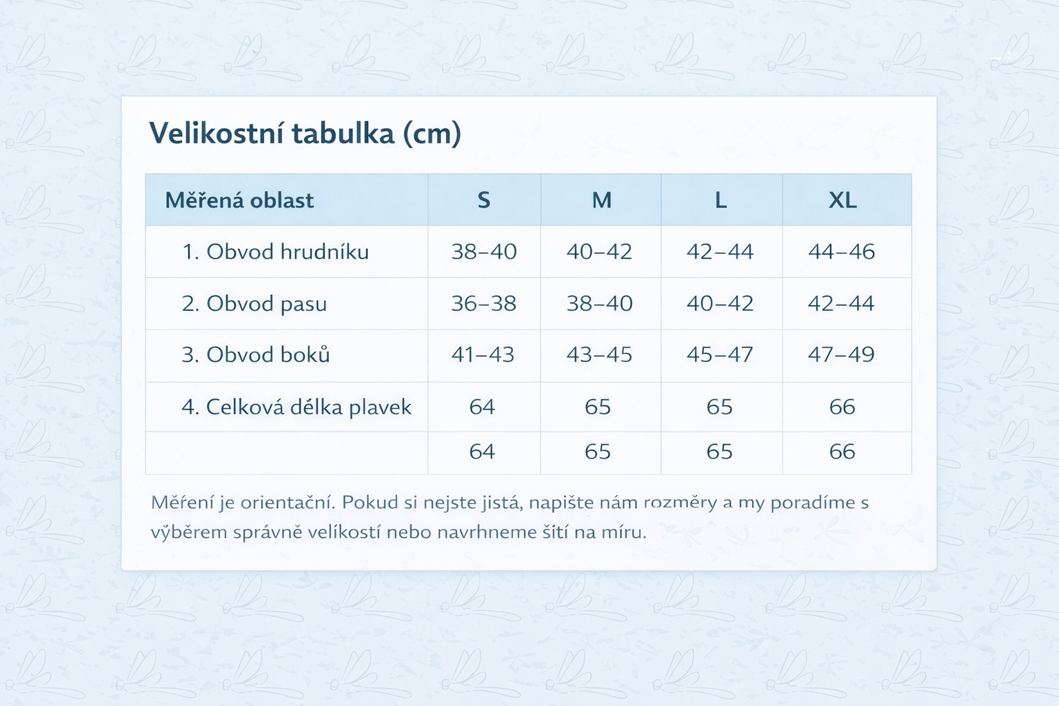 velikostní tabulka
